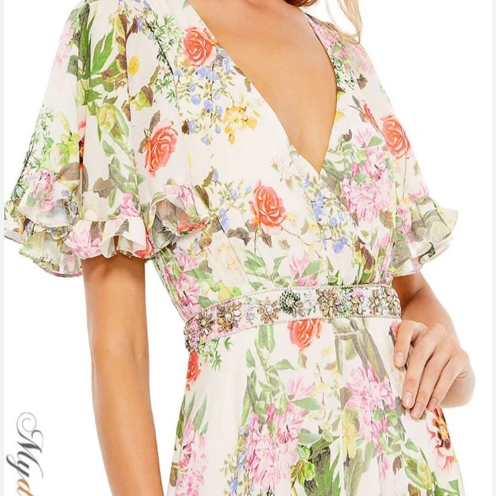 Mac Duggal Floral Maxi Dress with Ruffle Sleeves